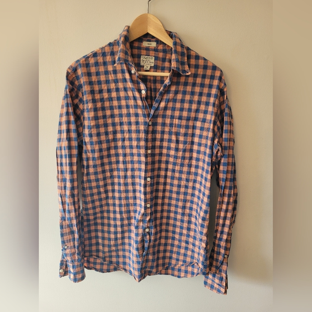 J. Crew Organic Cotton Casual Blue and Orange/Salmon Plaid Shirt